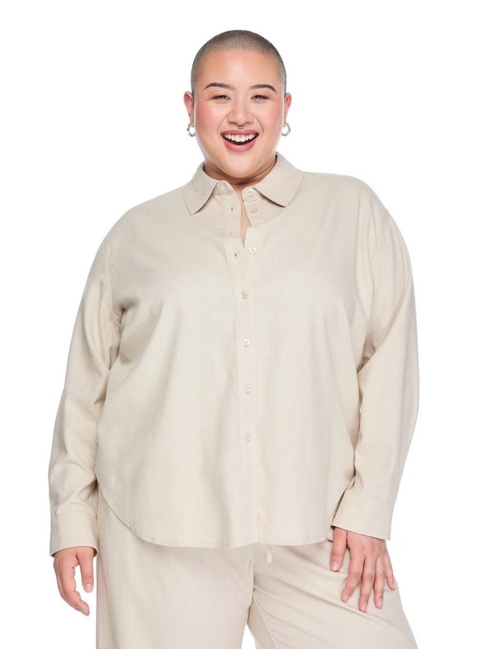 Lane Bryant NWT 3X Beige Linen Blend Oversized Button Down Shirt Plus Size